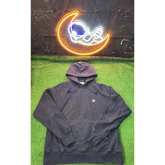 Champion Reverse Weave Navy Blue Heavyweight Hoodie Sweatshirt Mens Sz LG - Picture 1 of 5